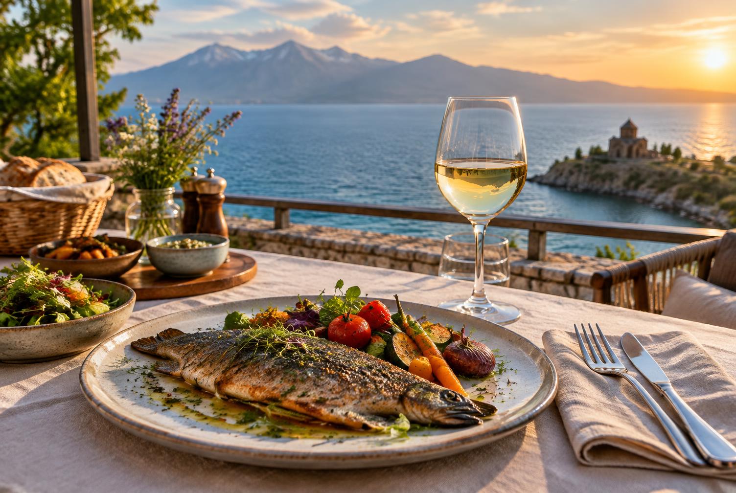 Lakeside dining table prepared with regional dishes