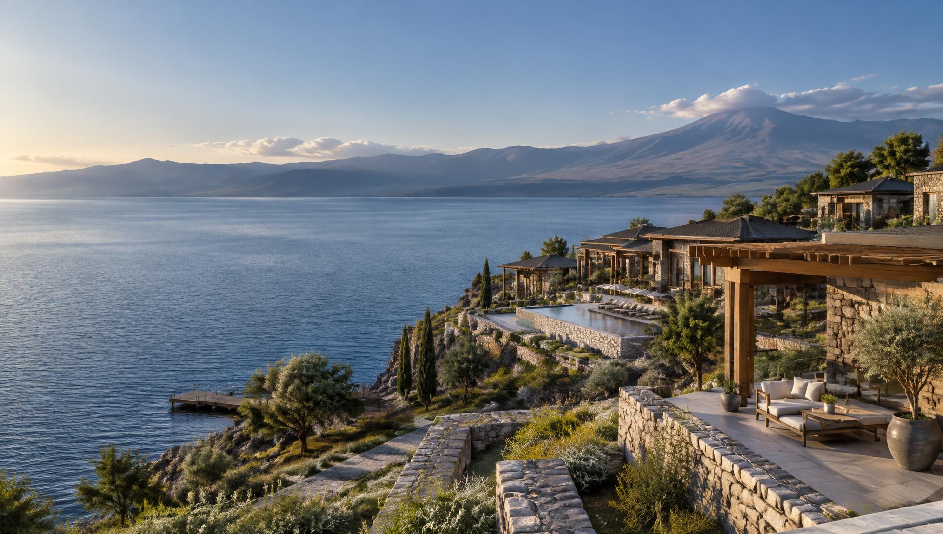 Lake Sevan shoreline and mountains