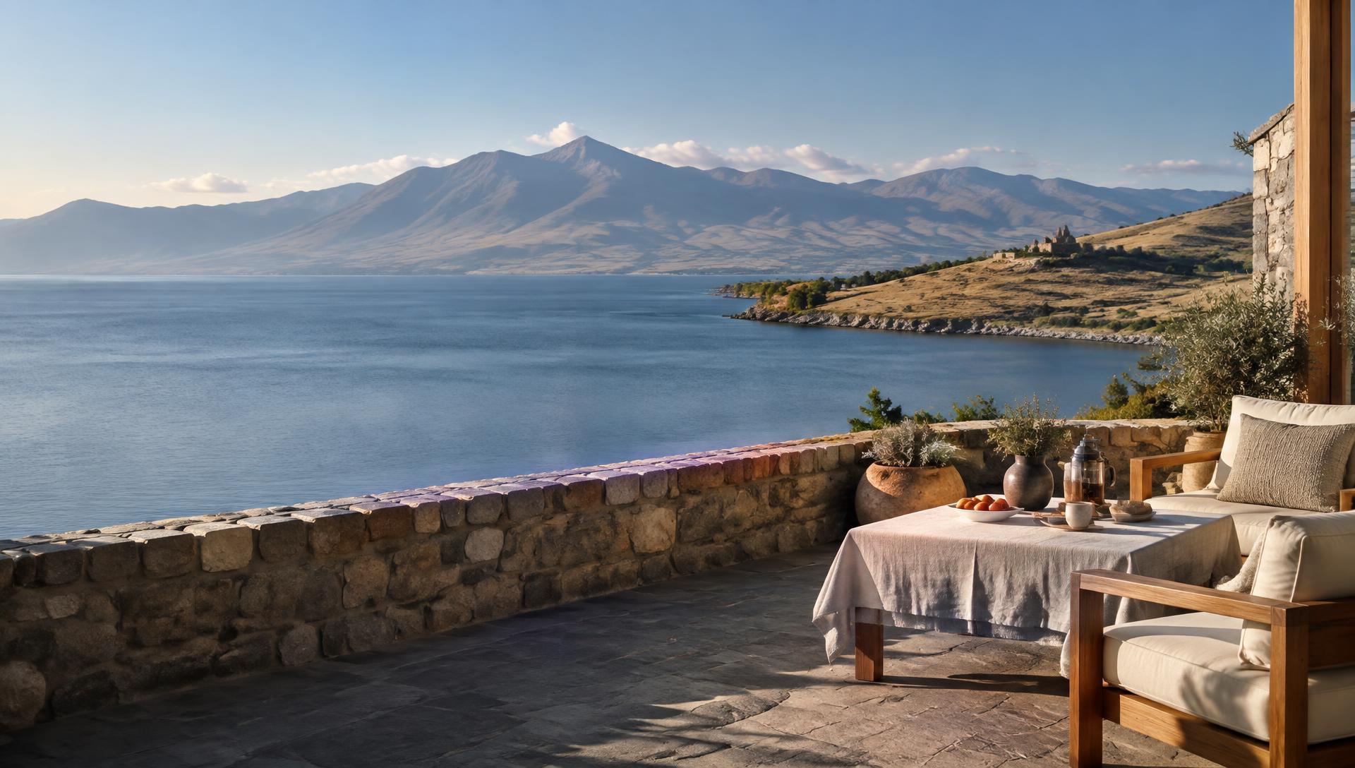 Stone terrace looking across Lake Sevan toward the Armenian mountains